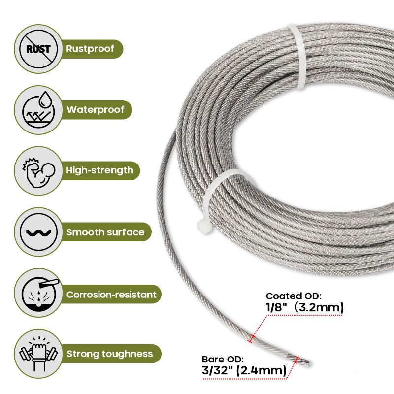 TooTaci 1/8" Sun Shade Sails Cable Wire Rope, 50ft Vinyl Coated Steel Cable, 1/8 Wire Rope for Triangle/Rectangle Sun Shade Sail Hardware, with Crimping Loops & Thimbles for Outdoor Garden Patio - Image 2